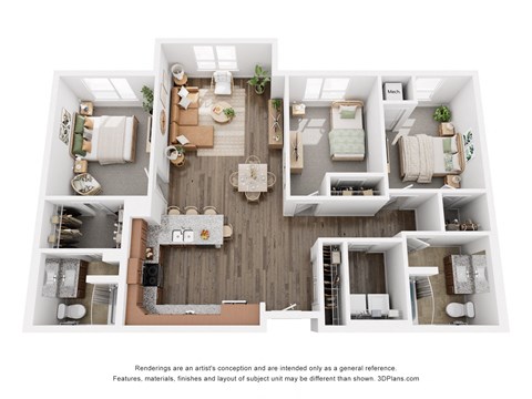 Floor plan for 3 beds, 2 baths, 1317 sqft